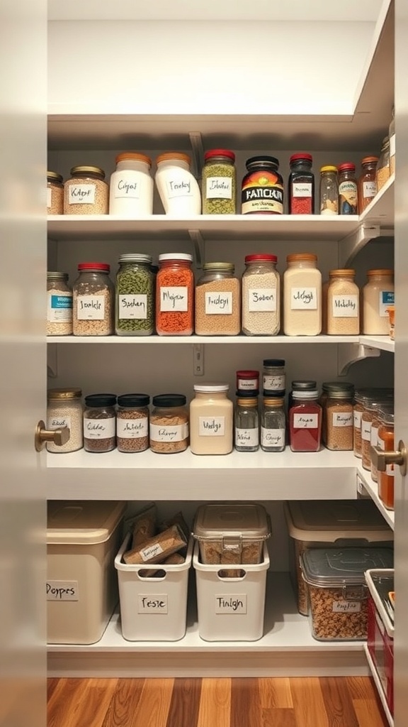 Organized pantry with labeled jars and containers