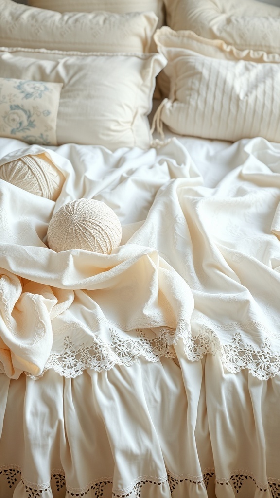 A close-up of a bed with lace and linen textiles, featuring soft cream-colored bedding.