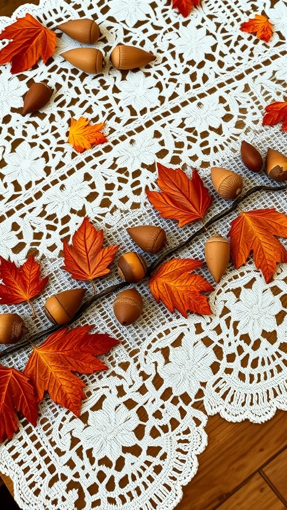 A lace tablecloth decorated with orange leaves and acorns, showcasing fall decor.