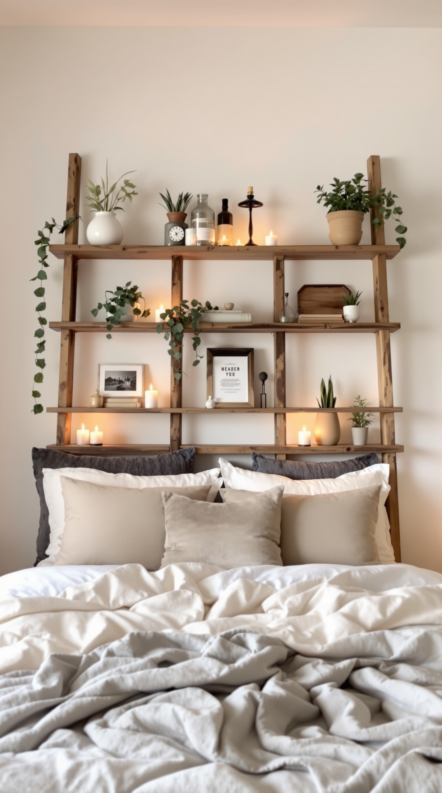 A cozy bedroom featuring a wooden ladder shelf headboard with decorative items and plants.