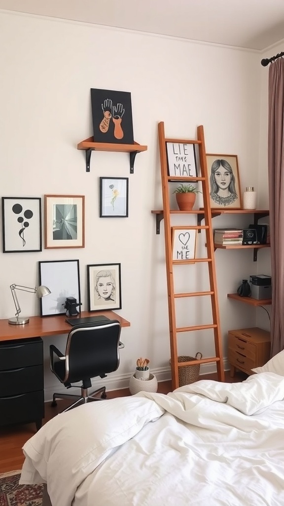 A cozy bedroom featuring a wooden ladder shelf with artwork and decorative items, alongside a desk and a neatly made bed.