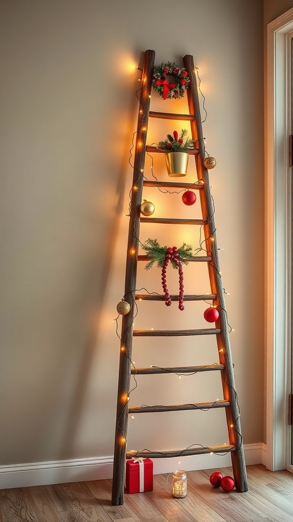 A decorated ladder with Christmas ornaments and lights, serving as a unique holiday display.