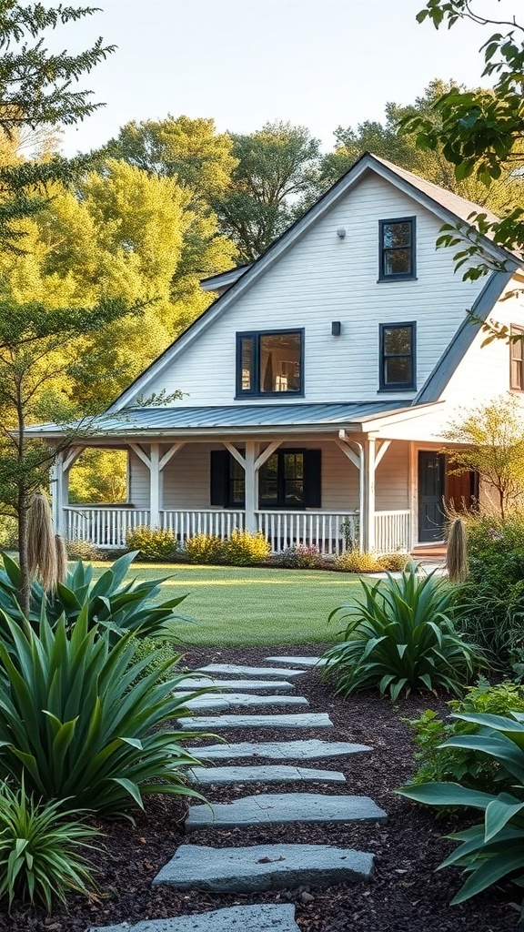 A modern farmhouse with a welcoming landscape featuring stone pathways and lush greenery.