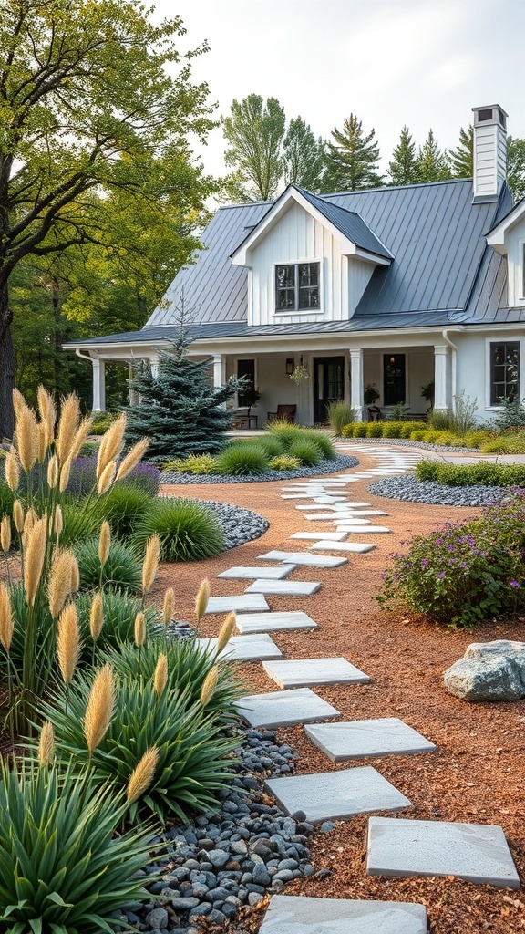 Modern farmhouse with landscaped garden featuring stone pathways and native plants.