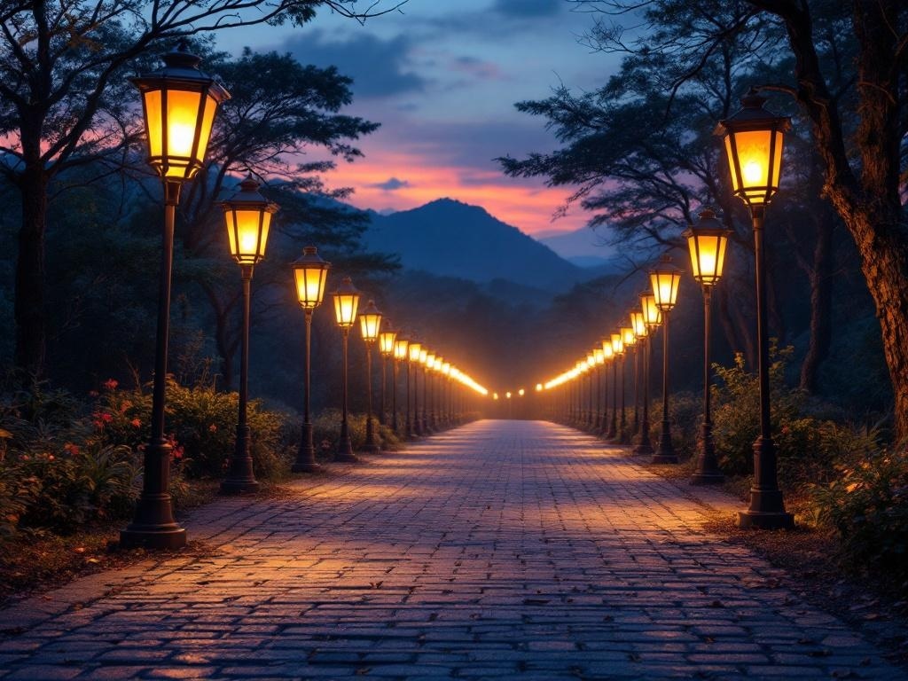 Pathway illuminated by lanterns at dusk, surrounded by trees and mountains