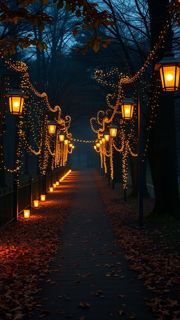 A pathway illuminated by lanterns and fairy lights, surrounded by fallen leaves in a serene fall setting.