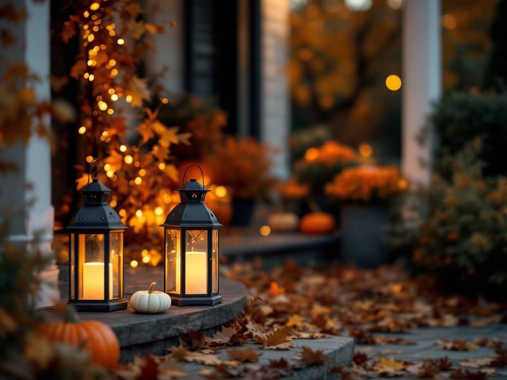 Two lanterns on a porch surrounded by autumn leaves and pumpkins, creating a warm atmosphere.