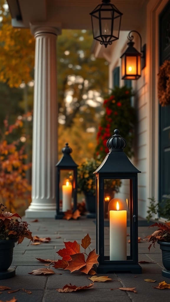 A cozy front porch decorated with lanterns and candles, surrounded by autumn leaves and potted plants.