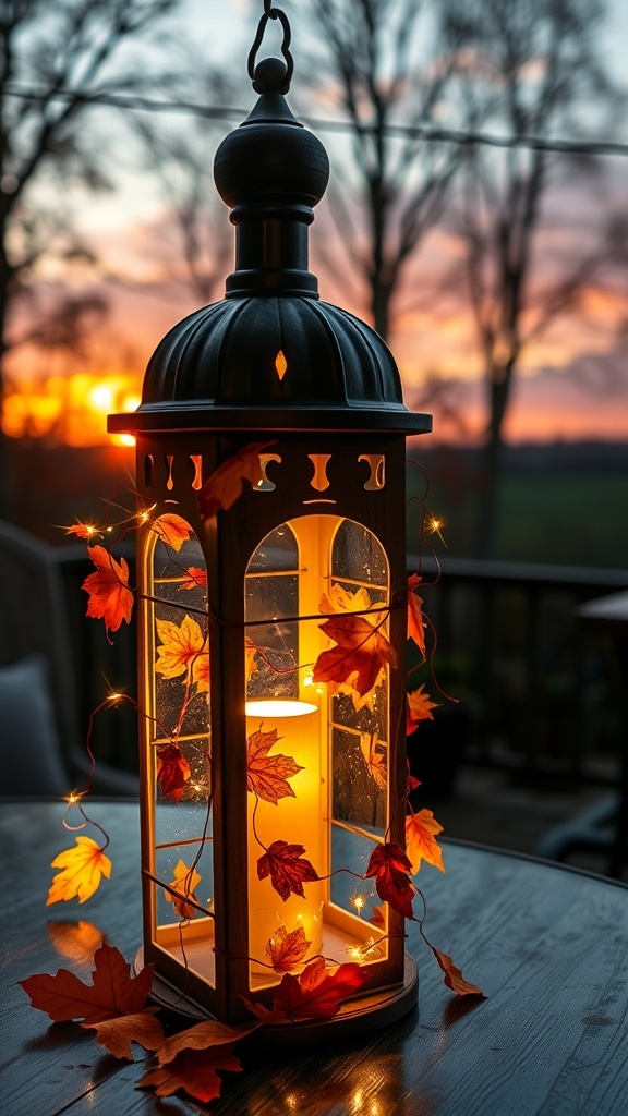 A lantern adorned with autumn leaves and glowing candlelight, set against a sunset backdrop.