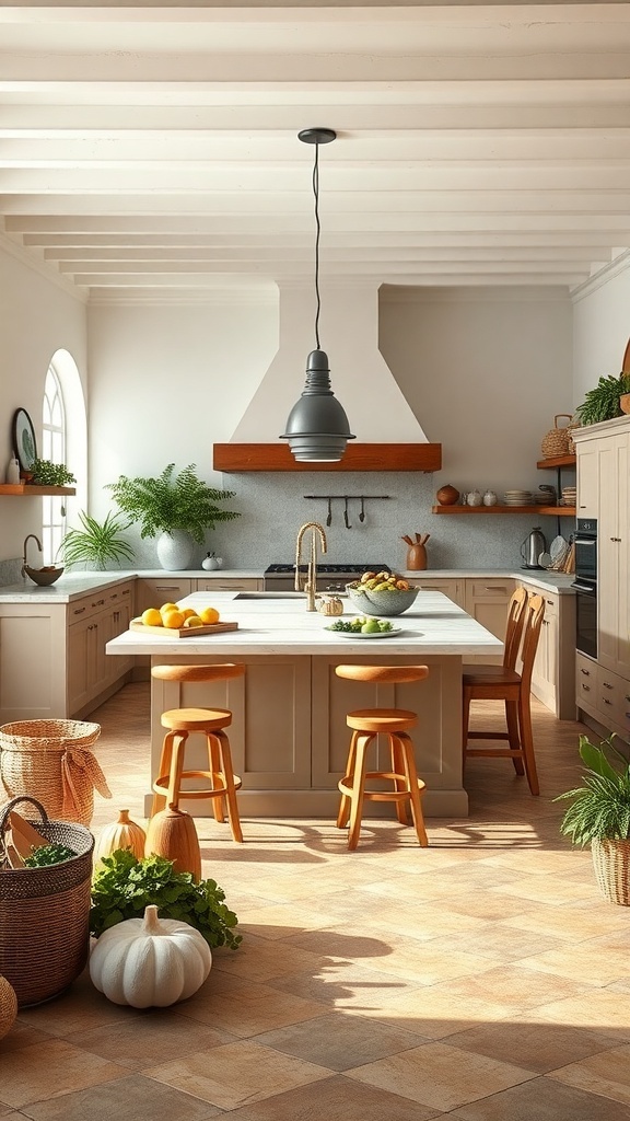A spacious Italian farmhouse kitchen featuring a large central island with wooden stools, surrounded by plants and warm decor.