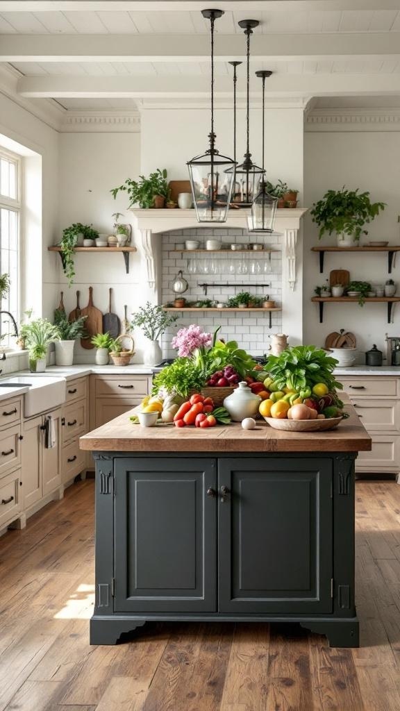 A farmhouse kitchen featuring a large central island with fresh vegetables and fruits, surrounded by rustic decor.
