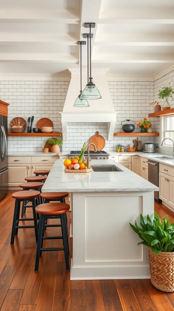 A spacious farmhouse kitchen featuring a large central island with seating, surrounded by warm wooden accents and bright decor.