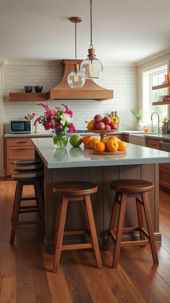 A farmhouse kitchen featuring a large central island with bar stools, decorated with fruits and flowers.