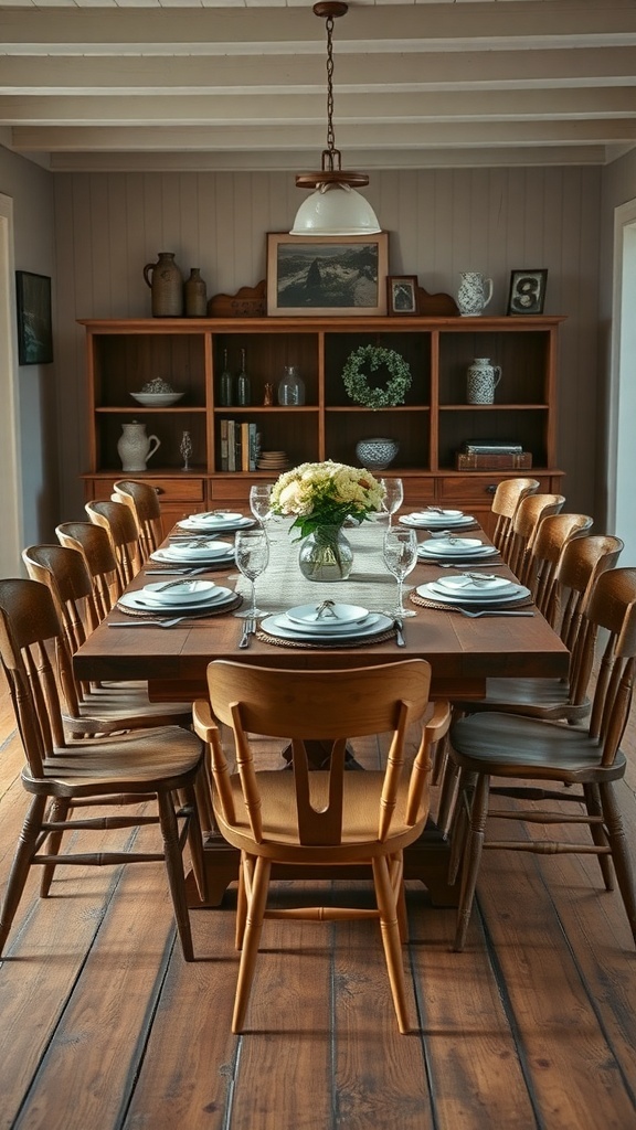 A large wooden farmhouse dining table set for a meal, surrounded by wooden chairs in a cozy kitchen.