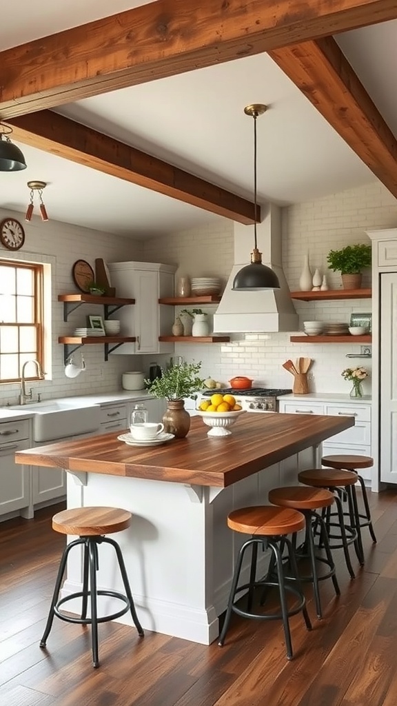 A spacious industrial farmhouse kitchen island with wooden top and black stools.