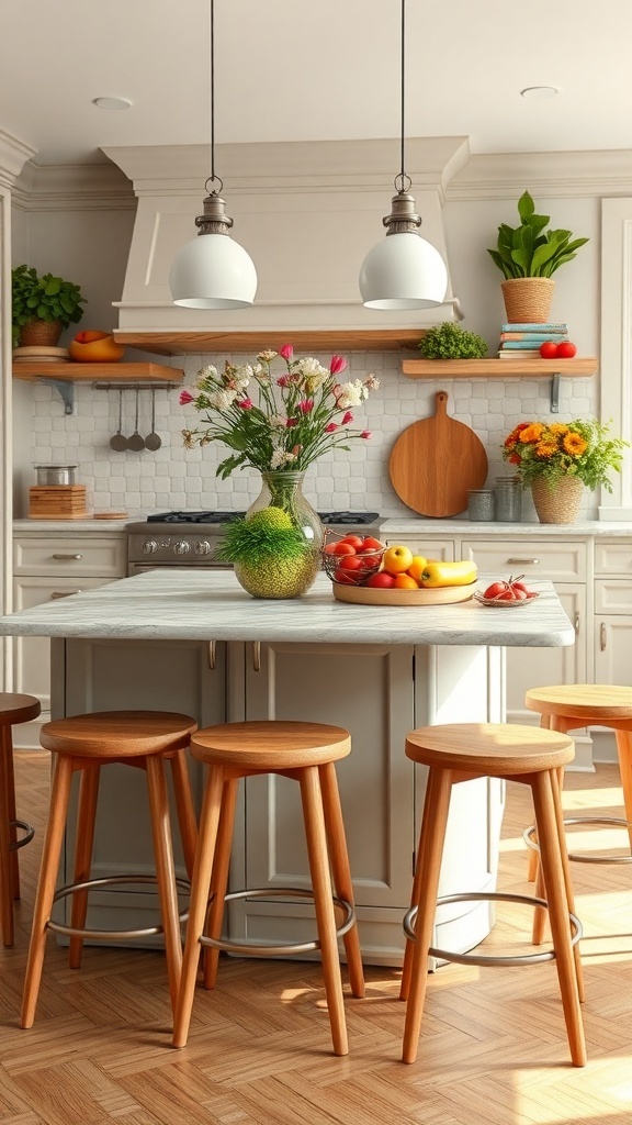 A bright farmhouse kitchen featuring a large island with wooden stools and a fruit centerpiece.
