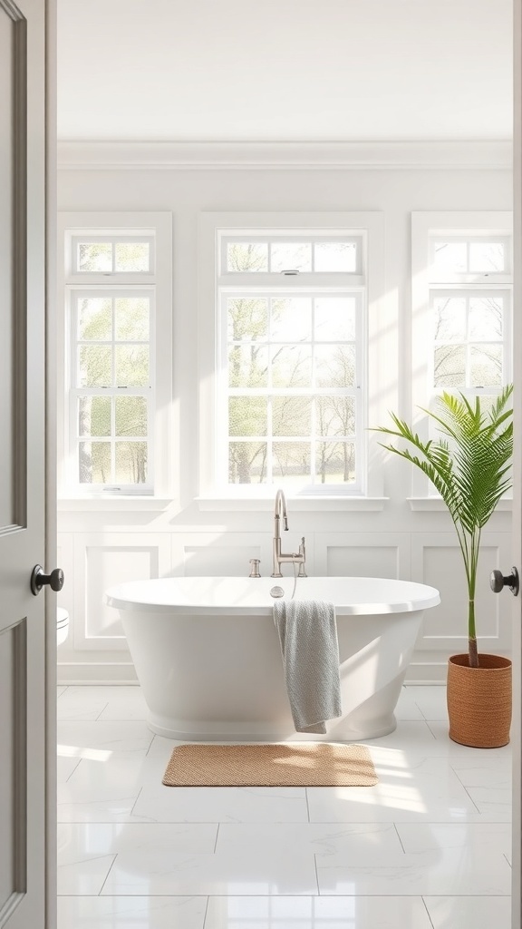 Bright modern farmhouse bathroom with large windows and a freestanding bathtub