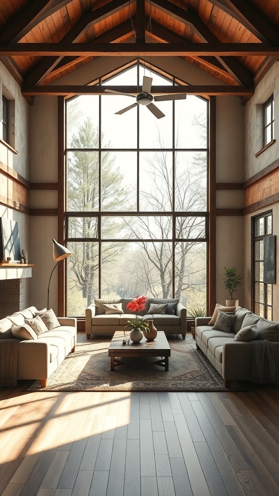 A spacious living room with large windows, showcasing a rustic design with wooden beams and natural light.