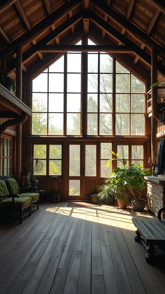 Interior of a rustic house with large windows and wooden beams