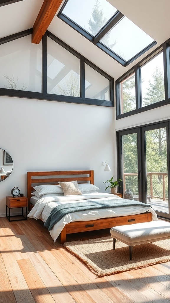 A modern rustic bedroom with large windows allowing natural light to fill the space.
