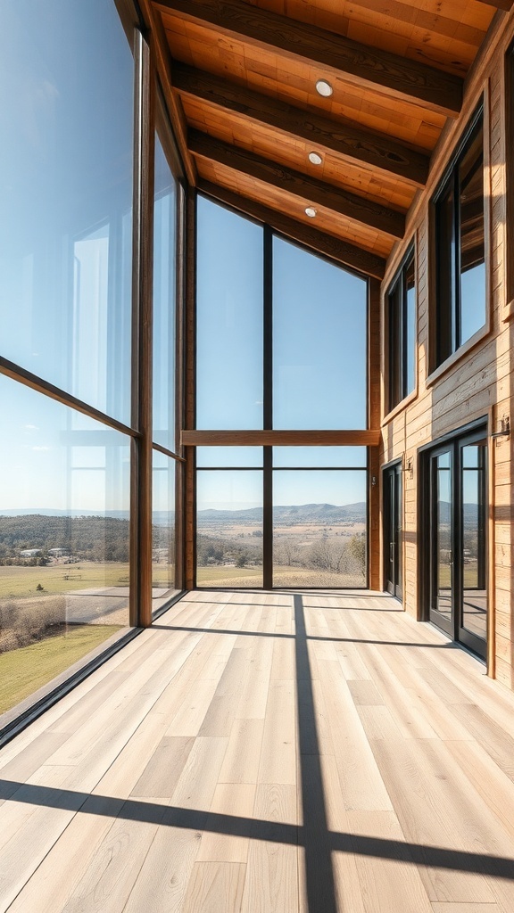 Interior of a modern rustic home with large windows and wooden beams.
