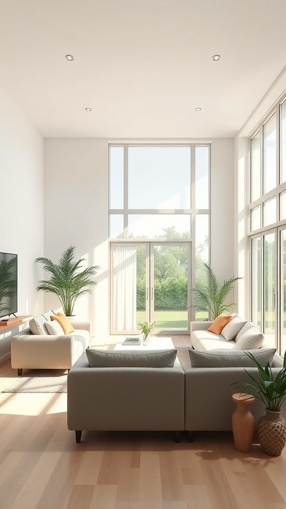 A bright living room with large windows, showcasing a modern rustic design.