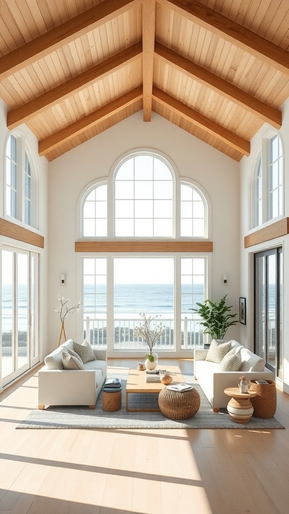 A bright coastal farmhouse living room with large windows showcasing ocean views.