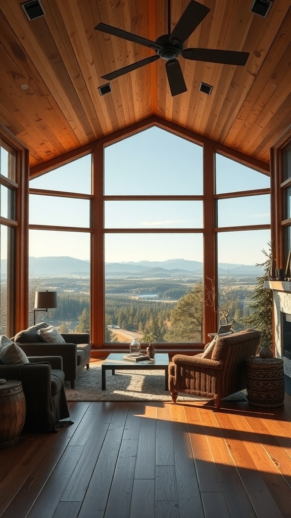 A rustic living room with large windows showcasing scenic mountain views.