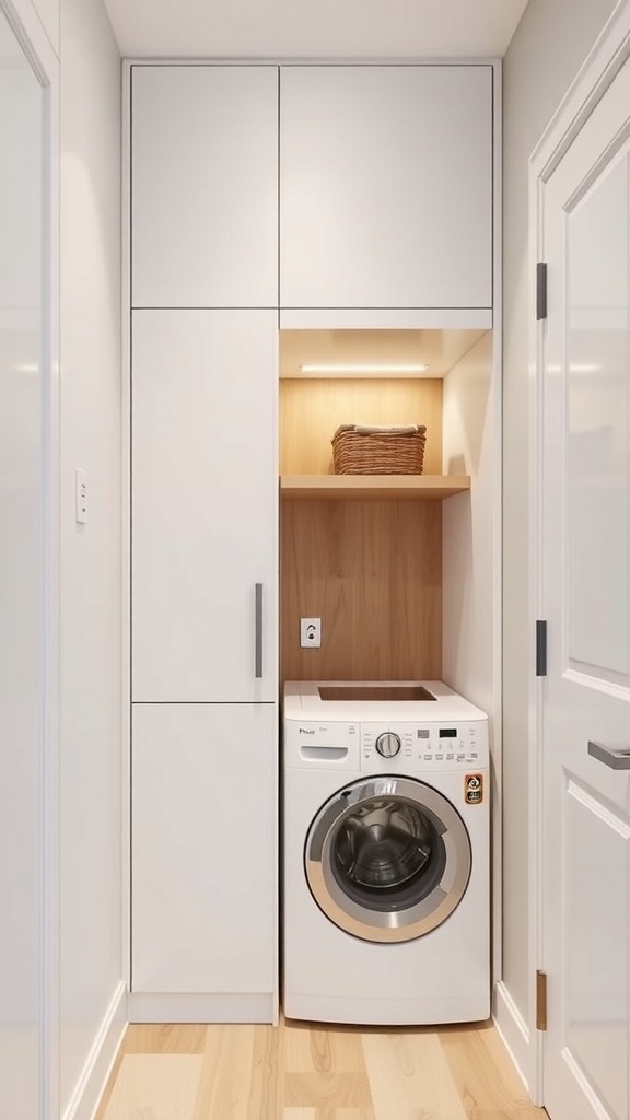 Compact laundry room with a washing machine and shelves in a closet