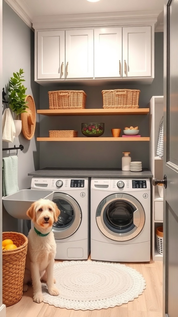 A cozy laundry room featuring two golden retrievers, one on a countertop and another on a rug, with shelves for storage.