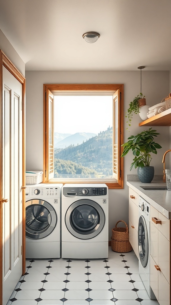 A bright laundry room with a view of mountains through a large window, featuring a washer and dryer, a countertop, and decorative plants.