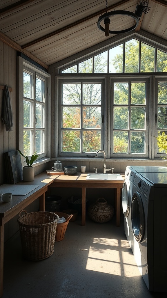 A rustic laundry room with large windows, wooden surfaces, and a cozy atmosphere.