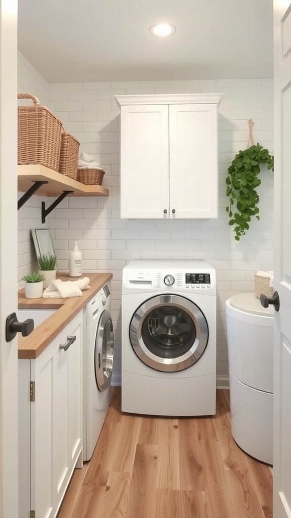 A modern farmhouse laundry room featuring white appliances, wooden shelves, and stylish storage baskets.