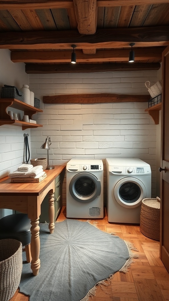 A rustic laundry room featuring a wooden workstation, two washing machines, and decorative storage baskets.