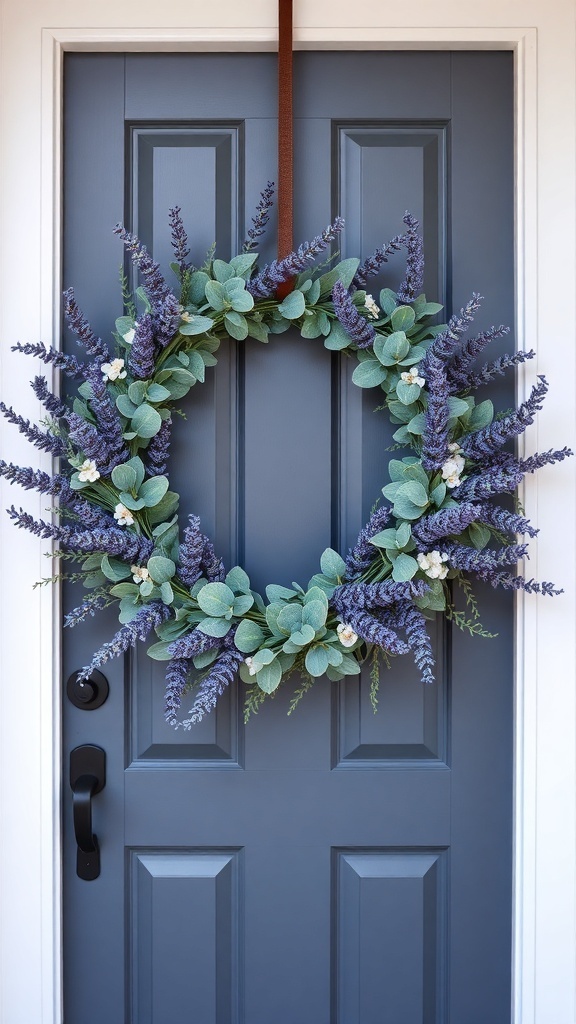 A beautiful wreath made of lavender and eucalyptus hanging on a blue front door.