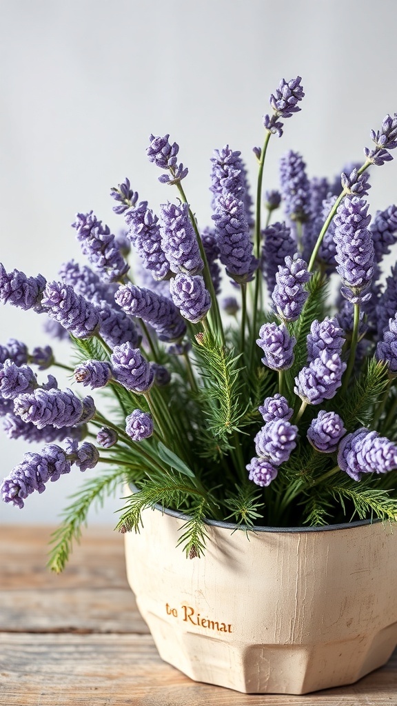 A floral centerpiece featuring lavender and evergreen in a rustic pot.
