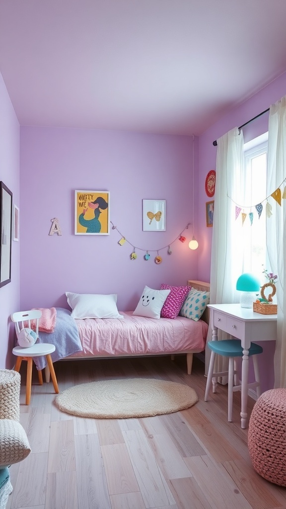 A pastel bedroom featuring lavender walls and mint accents.