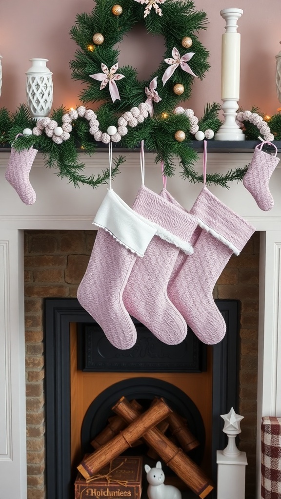 Lavender stockings hanging by a fireplace with a festive garland.