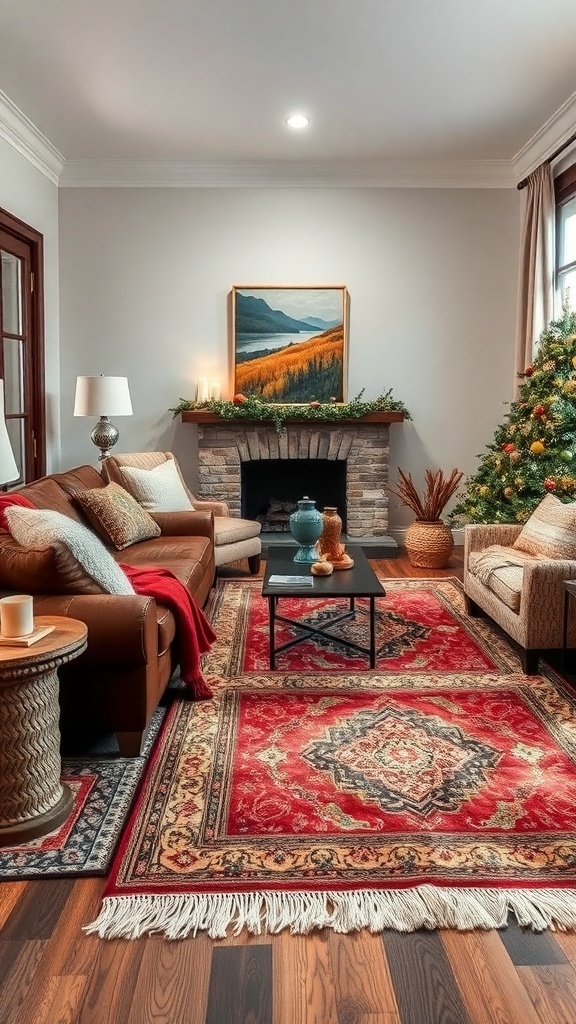 A cozy living room featuring layered area rugs, a fireplace, and a decorated Christmas tree.