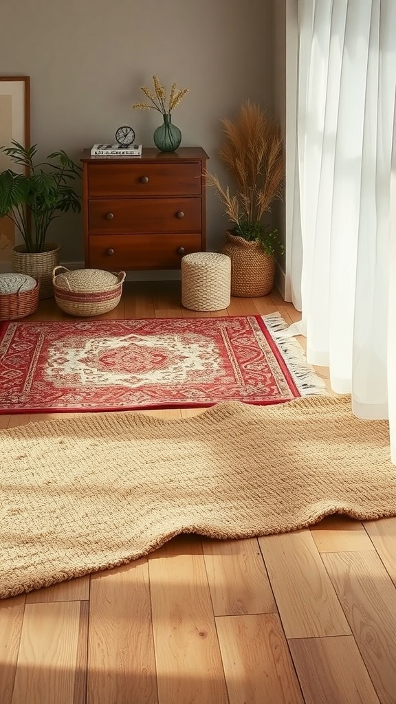 A cozy living space featuring layered area rugs, plants, and natural light.