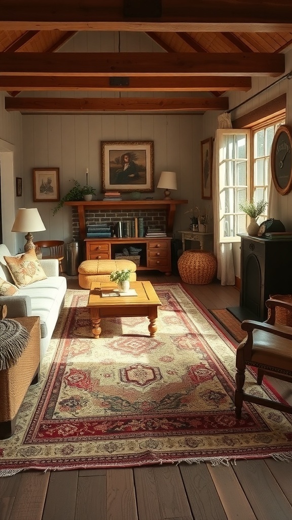 A vintage farmhouse living room with layered area rugs, a cozy sofa, and warm wooden accents.