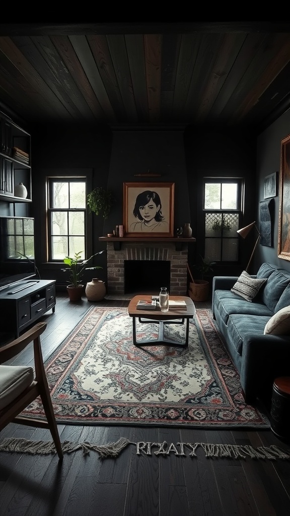 A dark rustic living room featuring layered area rugs, a cozy couch, and a fireplace.
