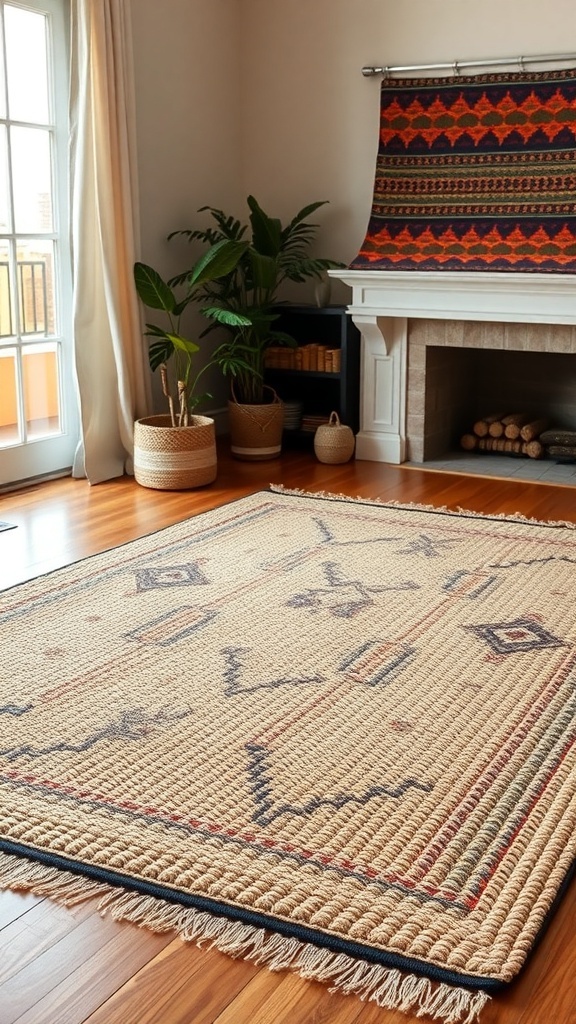 A cozy farmhouse boho living room with layered area rugs.