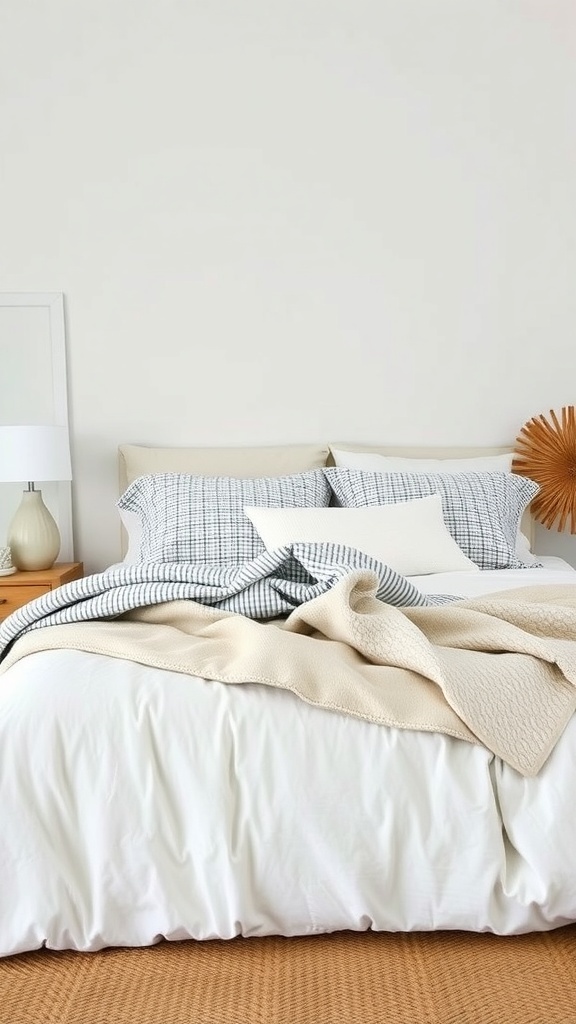 A cozy coastal bedroom featuring layered bedding with a white duvet, patterned pillows, and a soft throw blanket.