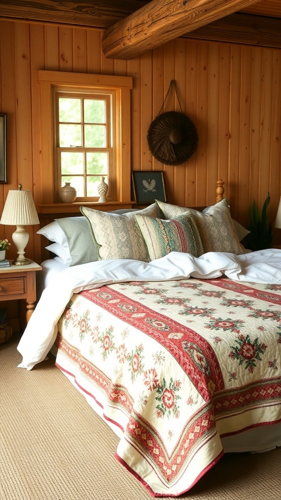 A rustic farmhouse bedroom with layered bedding, featuring a floral quilt and decorative pillows.