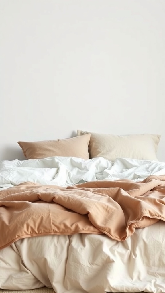 Layered bedding in neutral tones with pillows on a bed