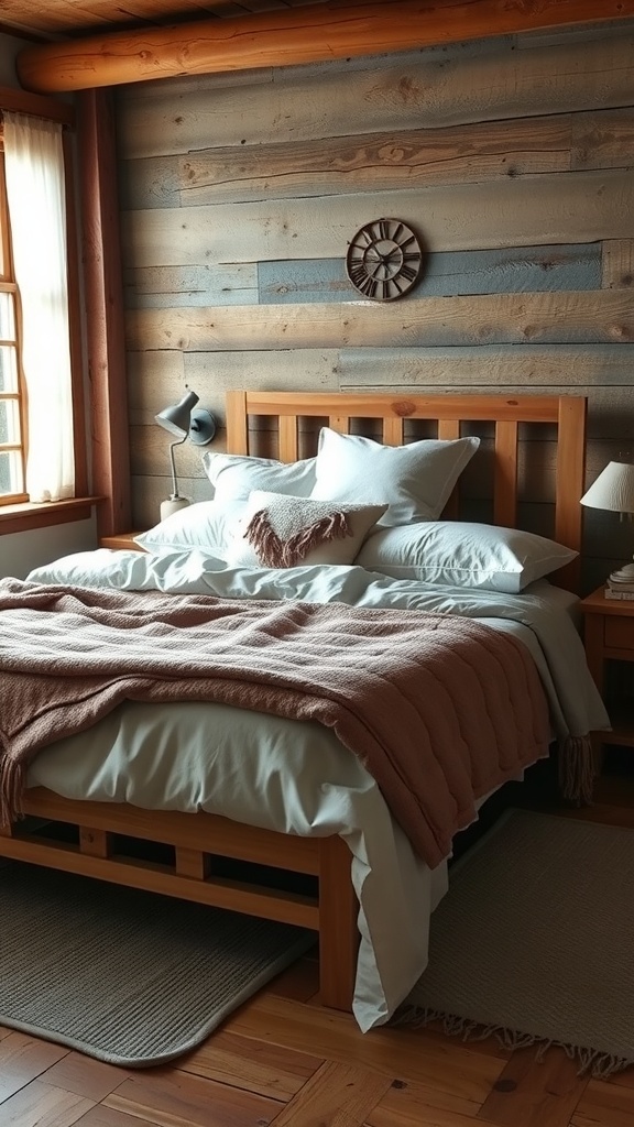 A cozy modern rustic bedroom with layered bedding, featuring a wooden bed frame and soft blankets.