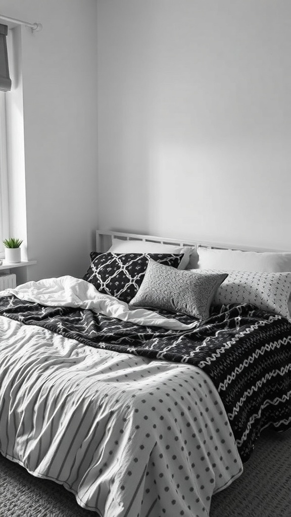 A cozy black and white layered bedding setup in a bright bedroom.