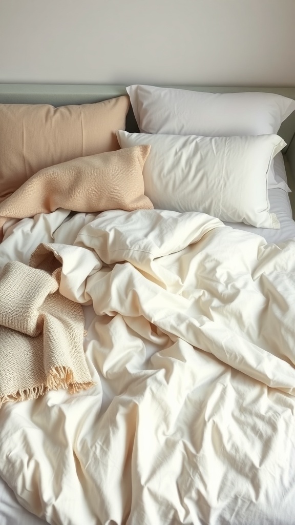 A cozy bed with layered bedding, featuring white sheets, peach pillows, and a textured throw blanket.
