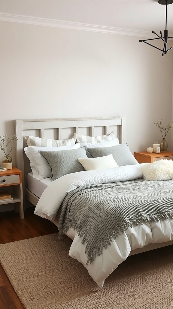 A cozy modern farmhouse bedroom with layered bedding in soft neutral tones.